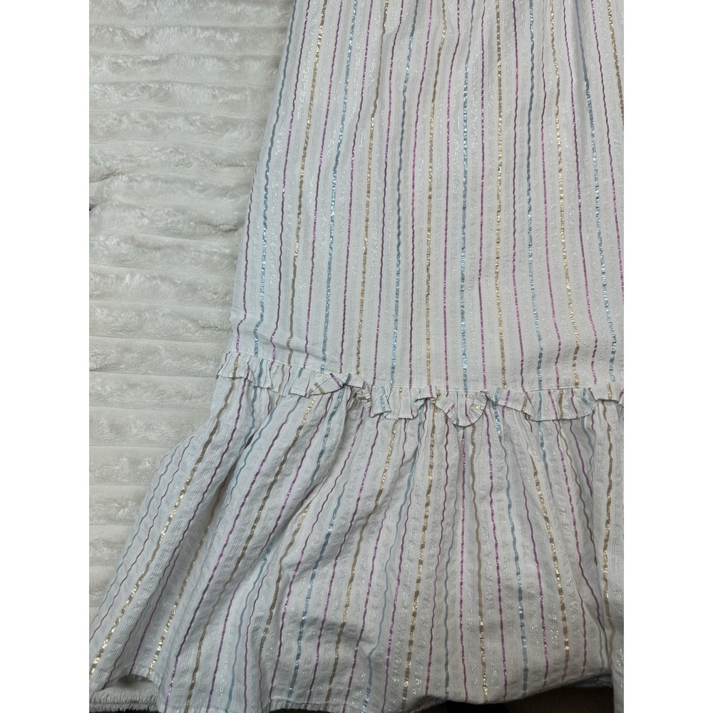 J Crew‎ Dress Women's White Multi Metallic Shimmer Stripe Ruffle Trim Midi 10 - Picture 3 of 15